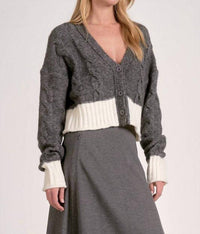 ELAN Carrie Cable Crop Cardigan in grey - women's cardigan - alternate view