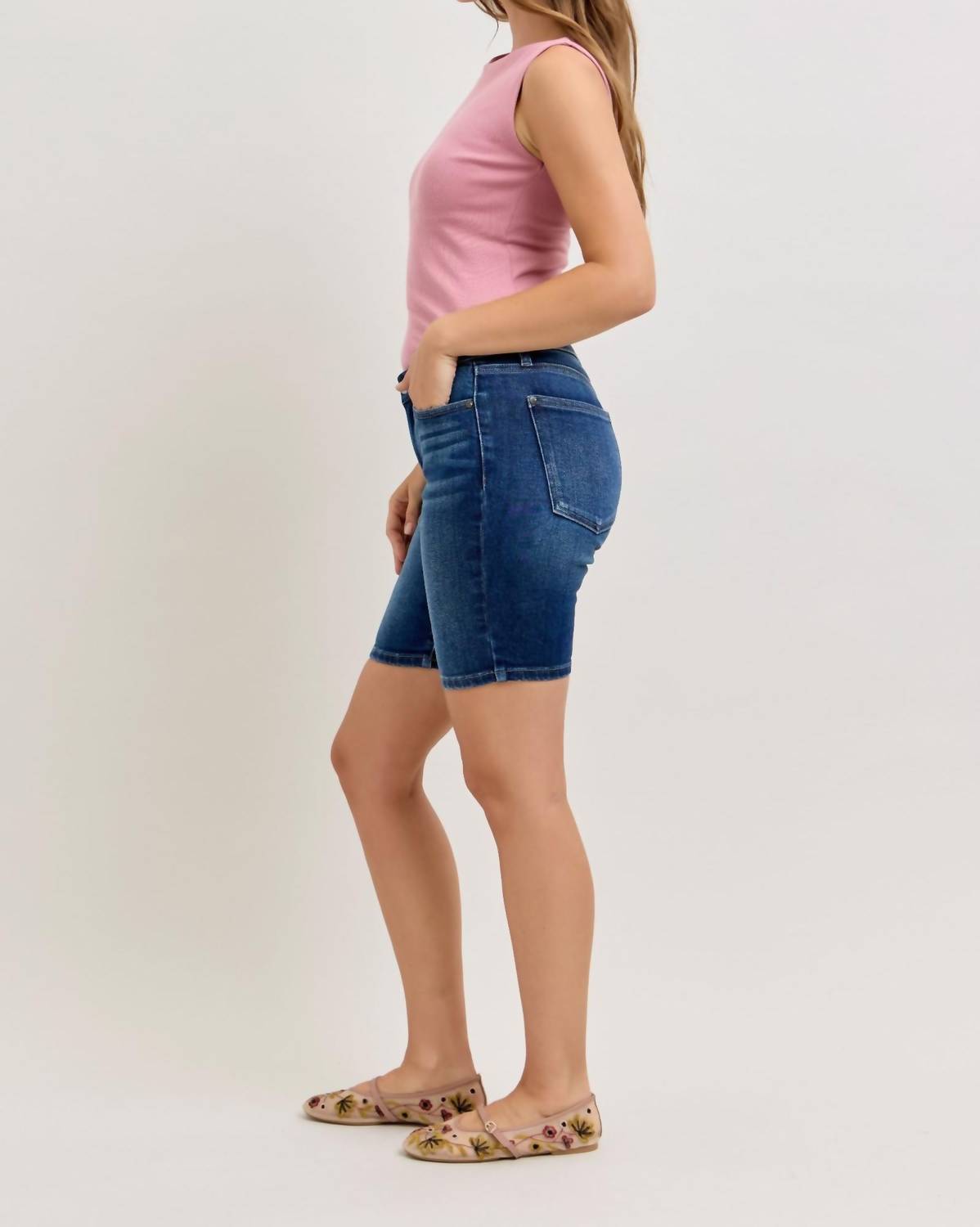 Judy Blue Mid Rise Bermuda Denim Short in blue - women's shorts - view 5
