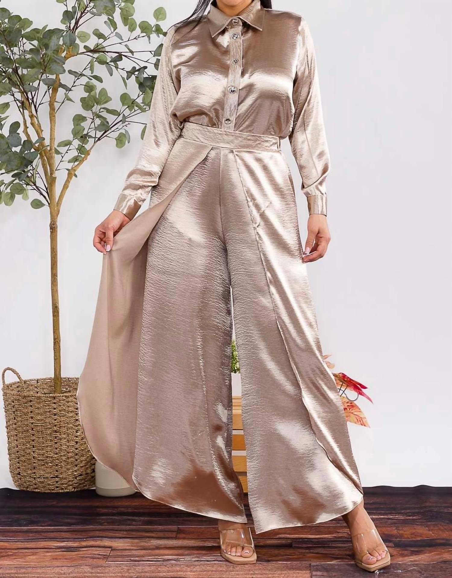 Karen T Design - Button Down Shirt And Open Pants Set
