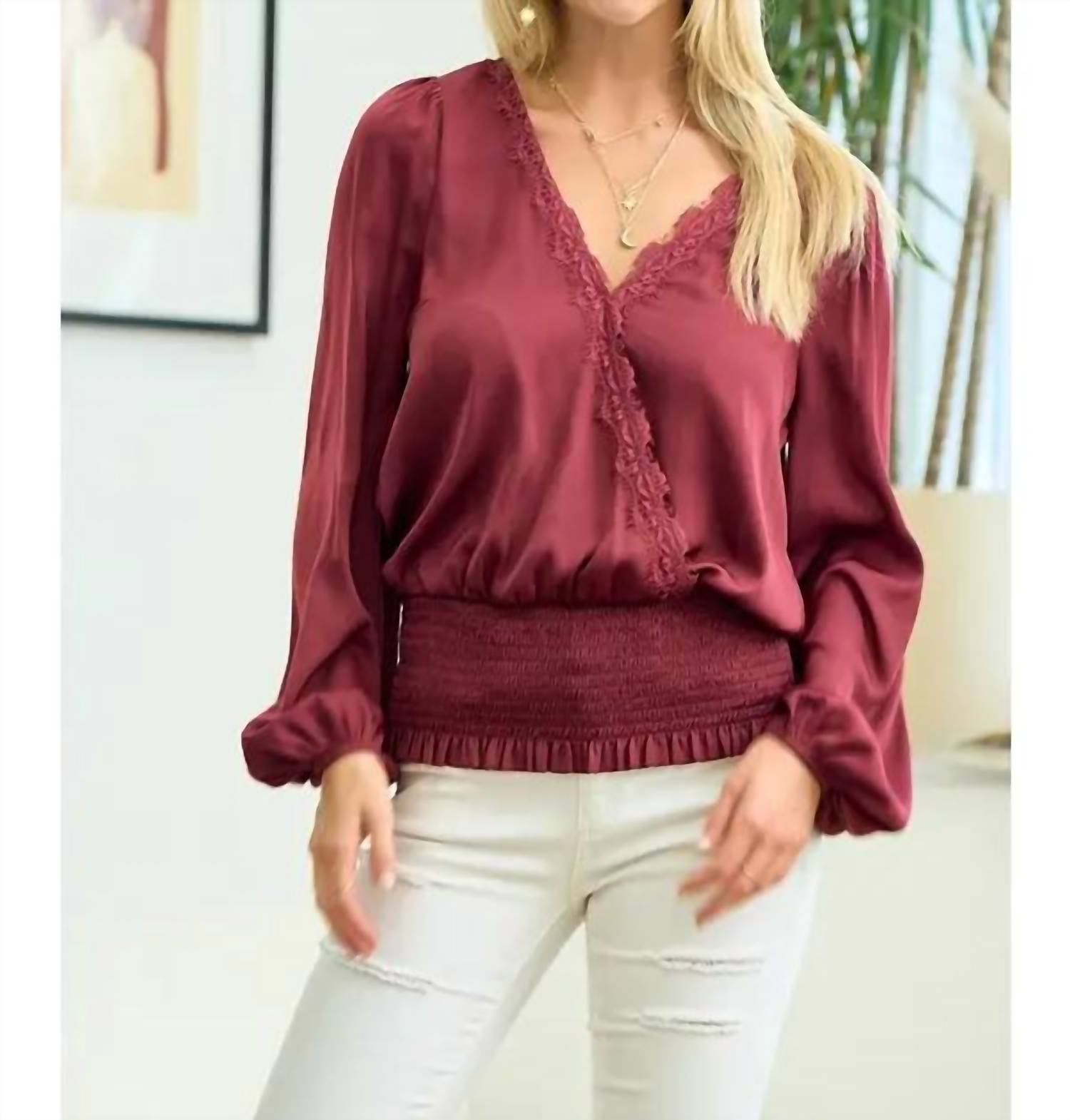 Doe and Rae Smocked Waist Surplice Top With Lace in wine - women's blouse
