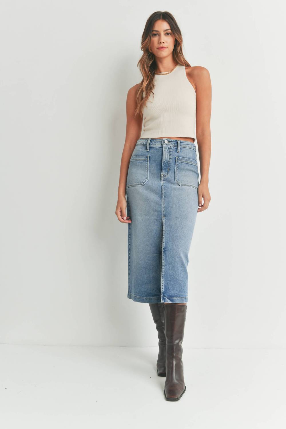 Just Black Denim - Utility Pocket Midi Skirt
