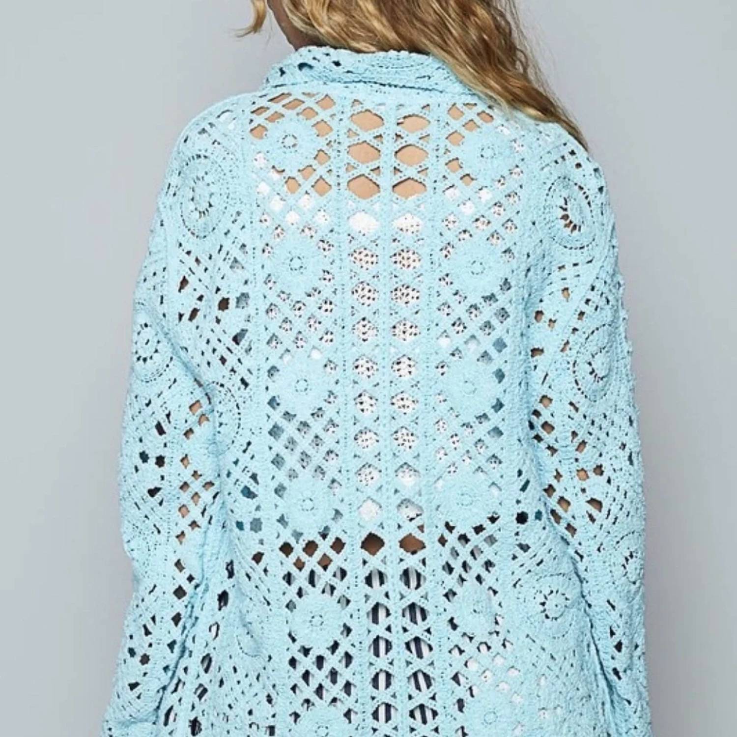 Pol - Crochet Button Up Cardigan With Chest Patch Pockets