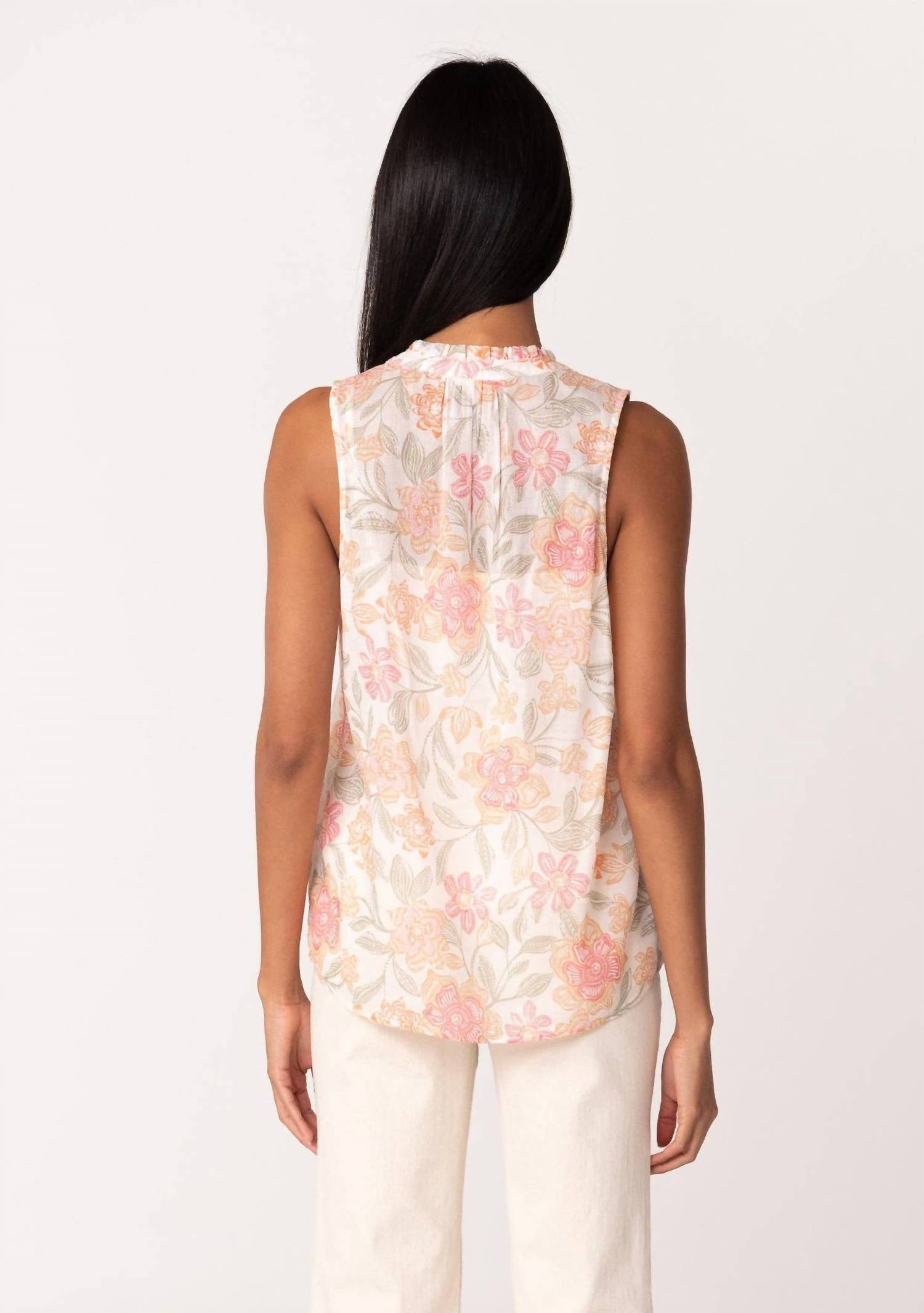Lovestitch - Sheer Floral Button Front Ruffle Neck Tank Top