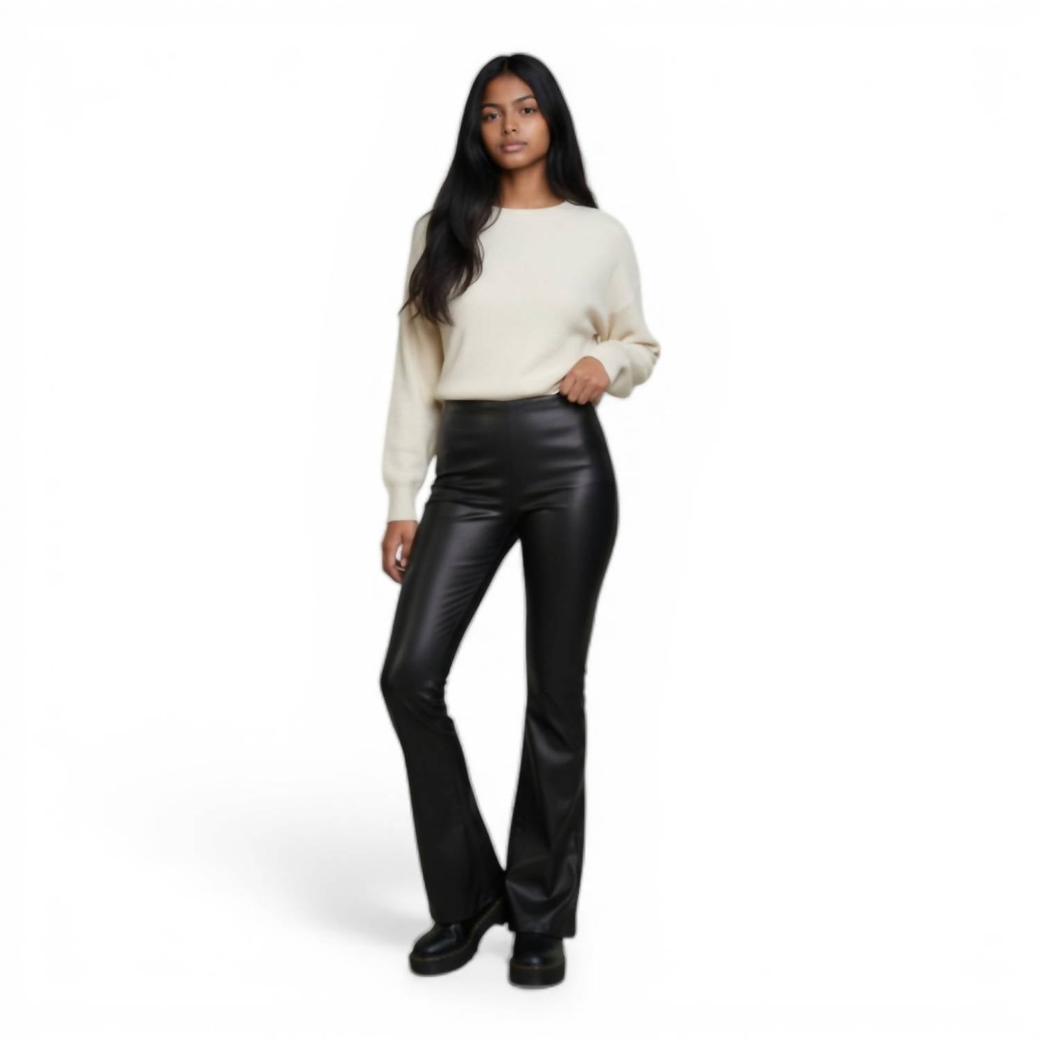 Ambar - Faux Pu Leather Stretchy Flare Pants
