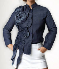 Nancy Yang Collection - Denim Rose Cascade Blouse