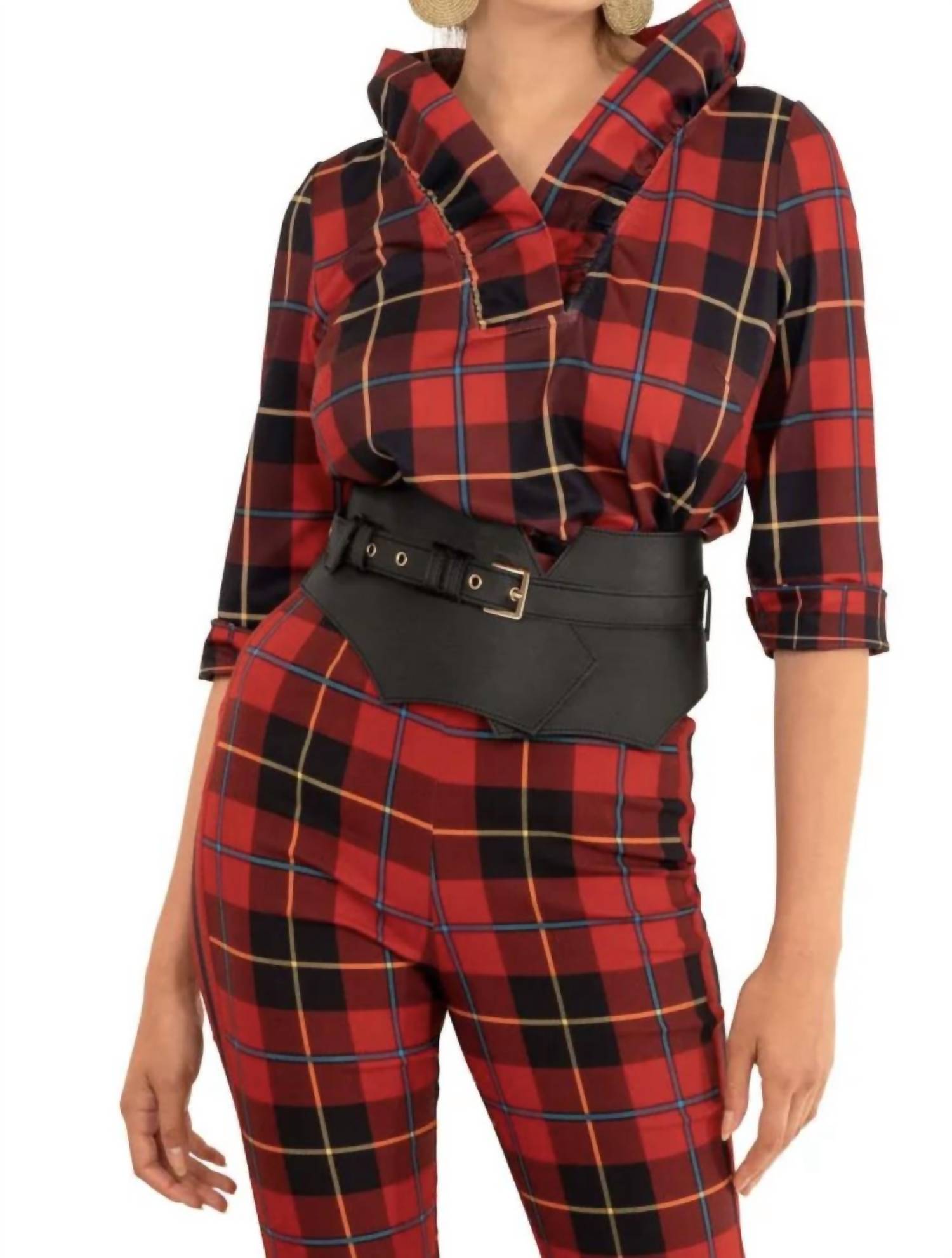 GRETCHEN SCOTT Ruffneck Plaidly Cooper Top Plus in red multi - women's blouse