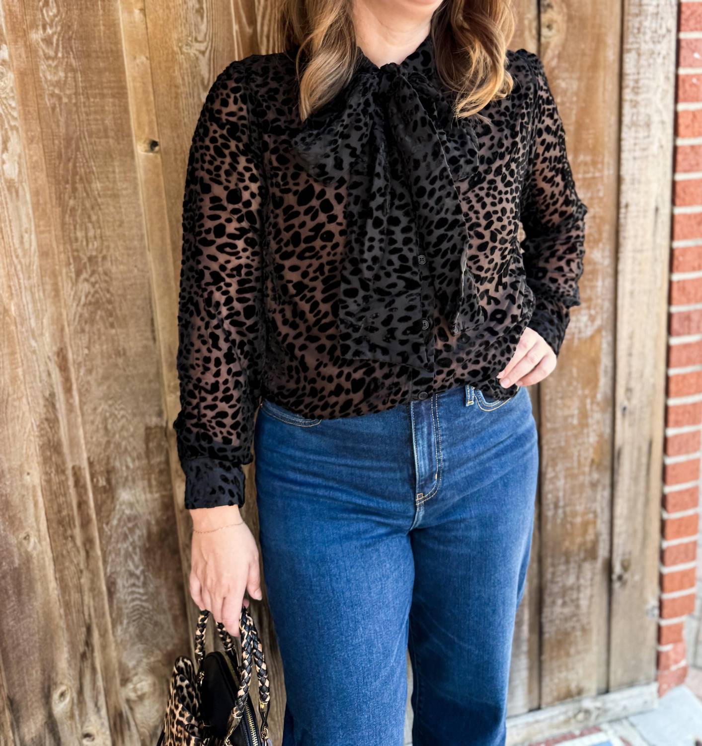 Brianna Cannon - Burnout Velvet Button Down Bow Blouse