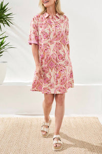 TRIBAL 1/2 Sleeve Buttton Front Dress in pink - women's dress