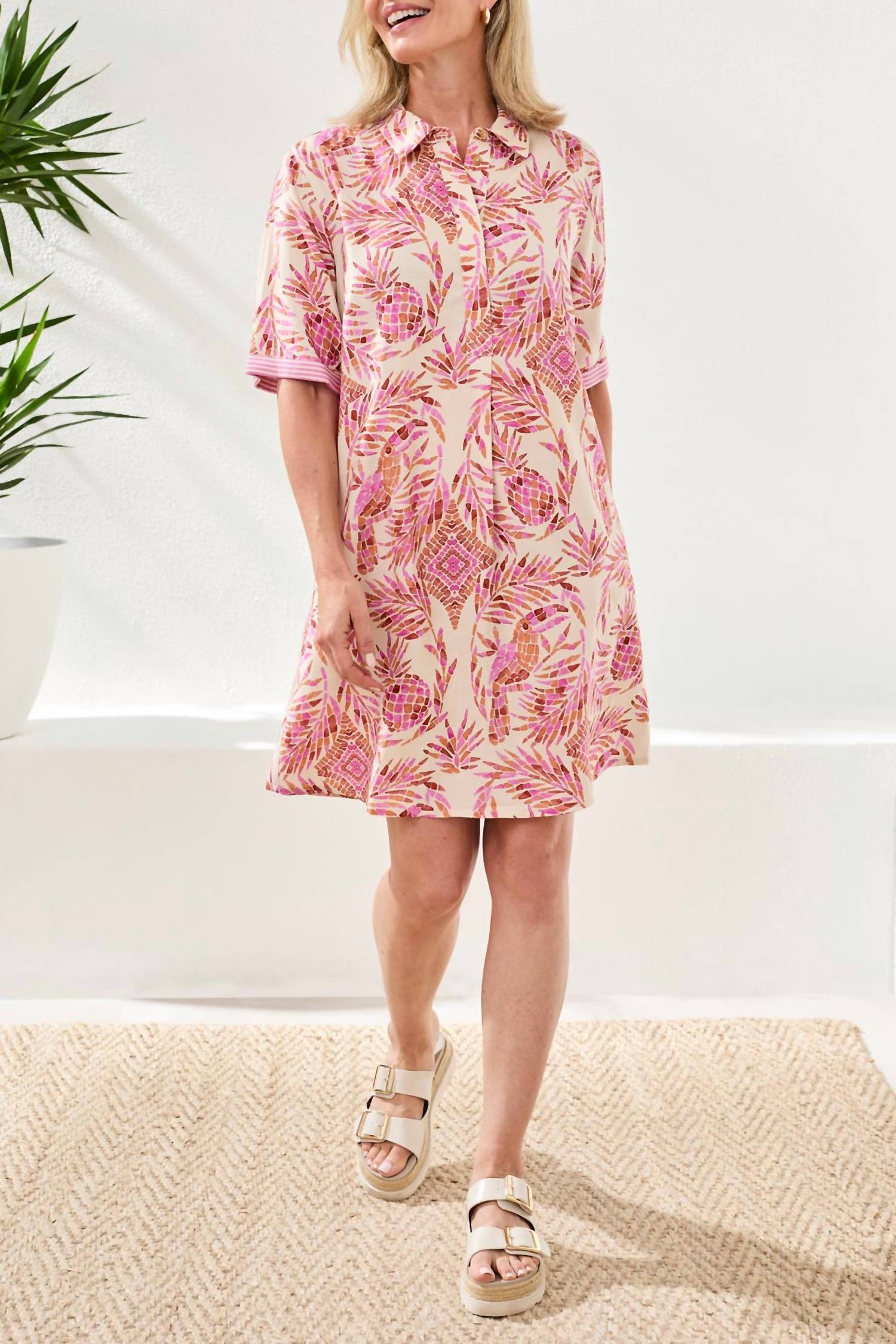 TRIBAL 1/2 Sleeve Buttton Front Dress in pink - women's dress