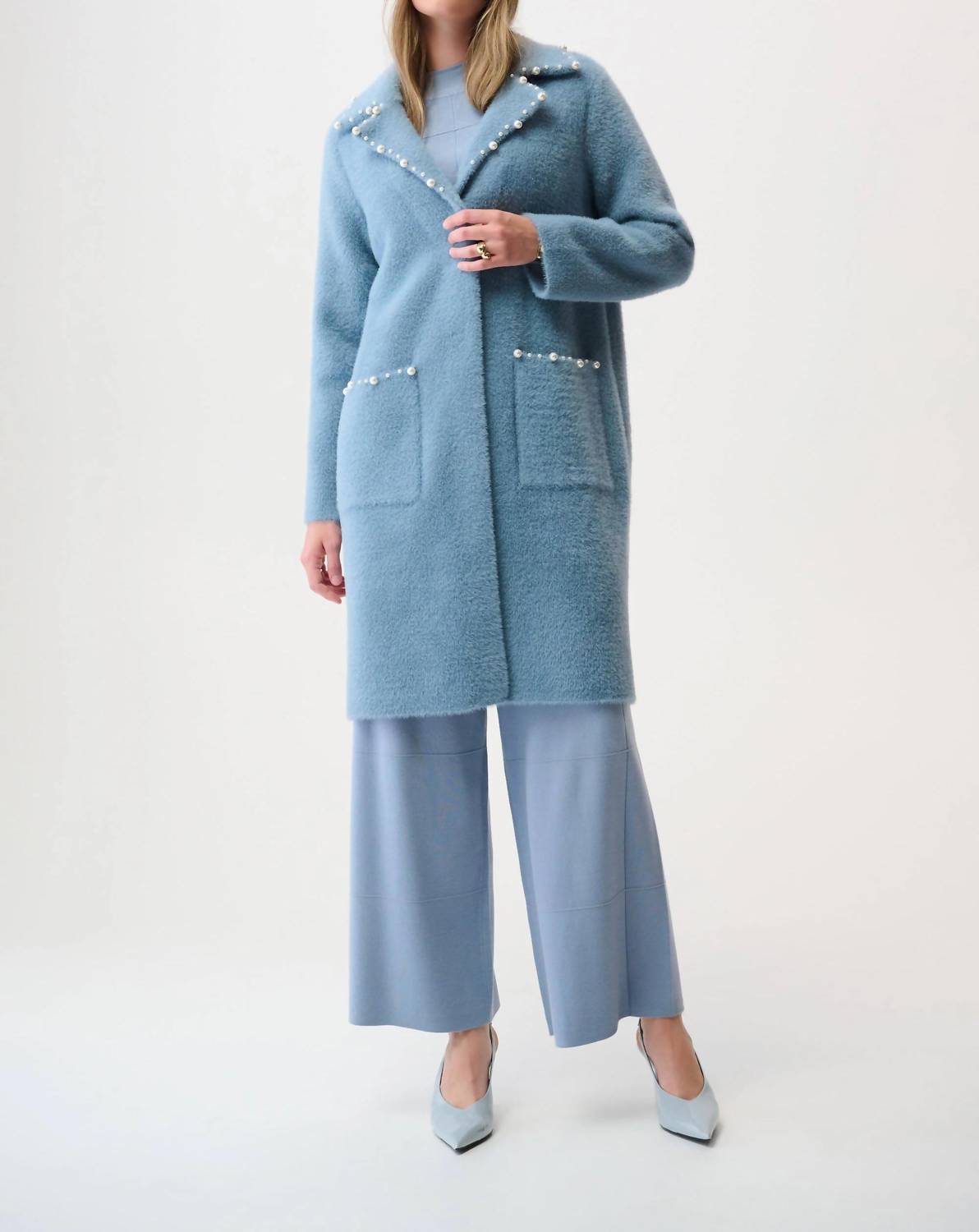 Joseph Ribkoff - Feather Yarn Sweater Coat With Pearl Tri