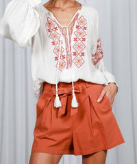 Vine & Love - Tie Neck Tassel Trim Embroidered Bohemian Blouse