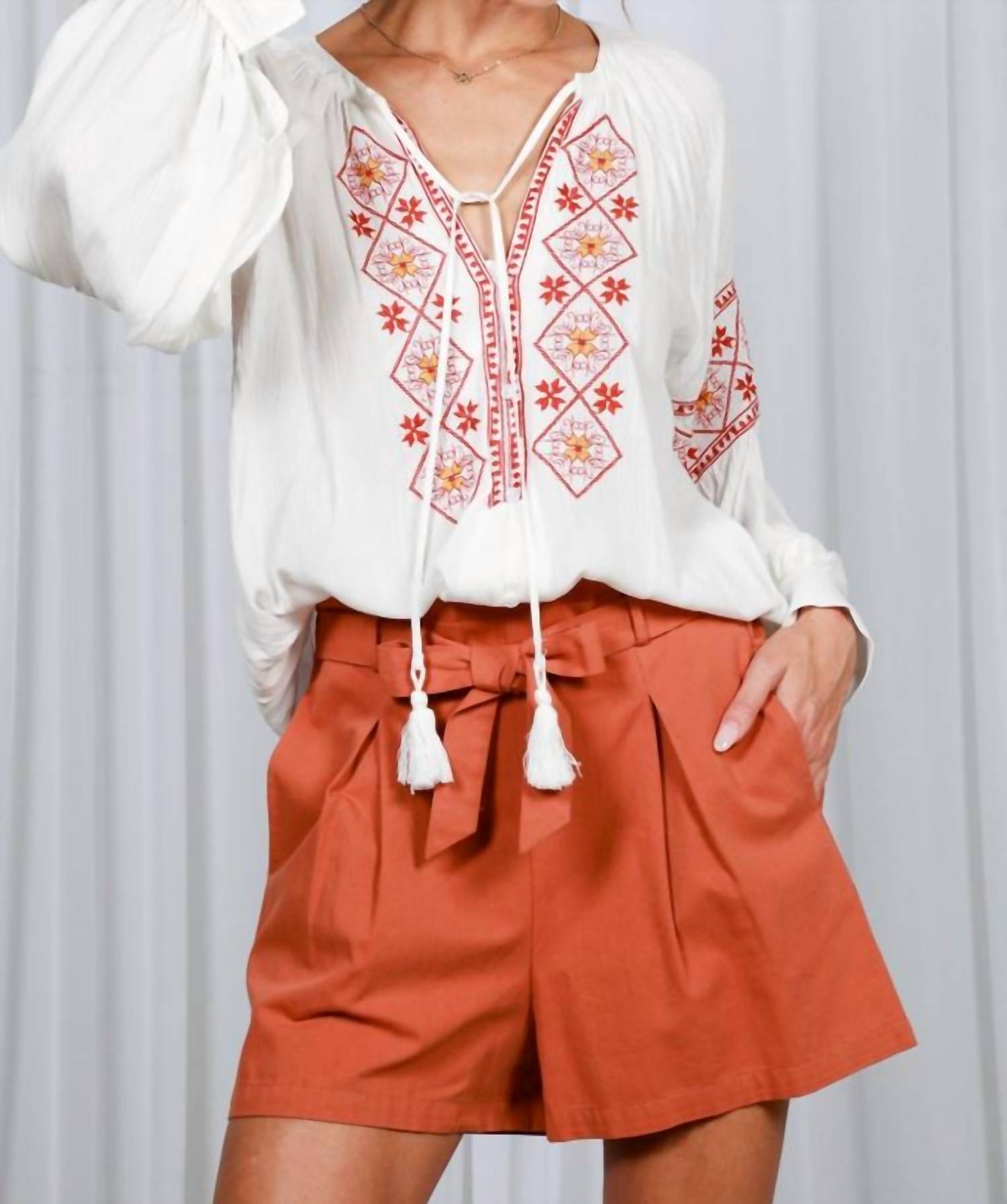 Vine & Love - Tie Neck Tassel Trim Embroidered Bohemian Blouse