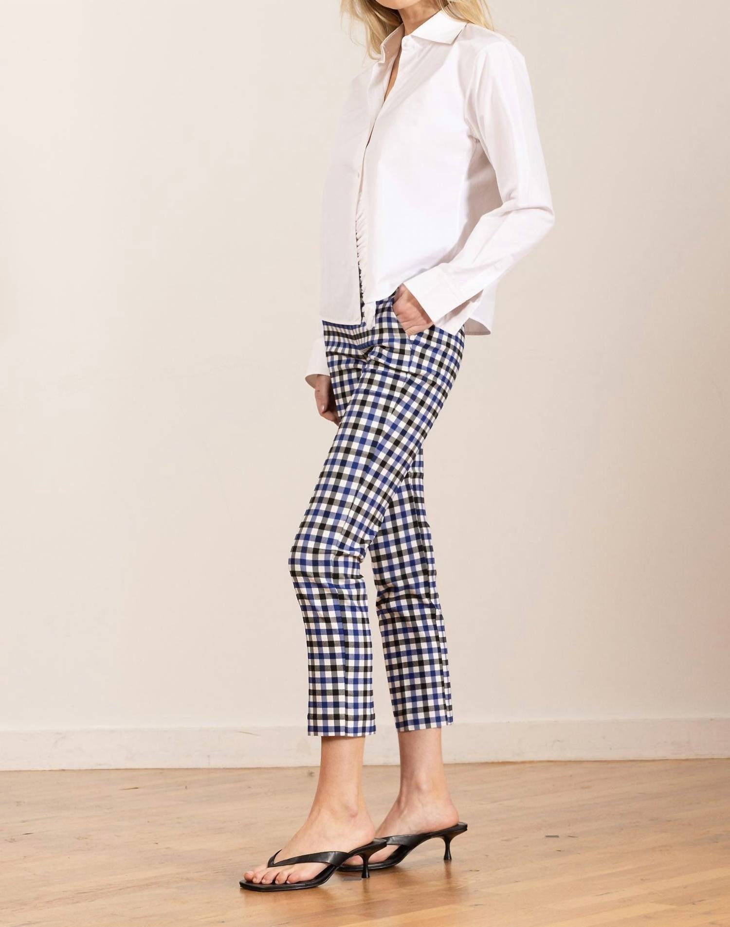 Avenue Montaigne Lulu Straight Cropped Pant in check blue black - women's pants - detail view