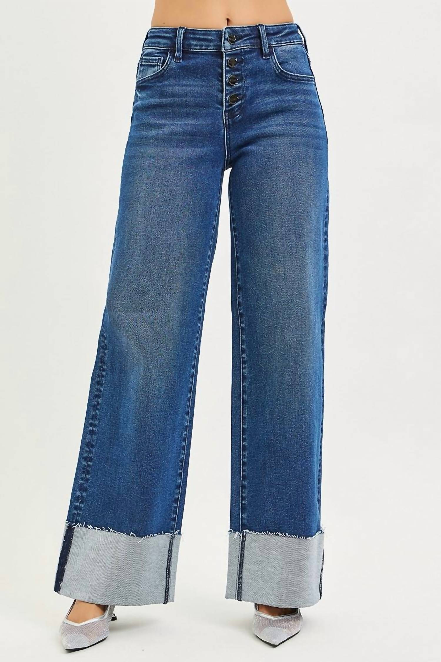 RISEN Slouchy Wide Leg Jeans With Cuffed Hem in dark wash - women's jeans