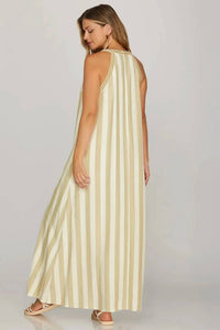 She + Sky - Striped Halter Neck A-line Maxi Dress