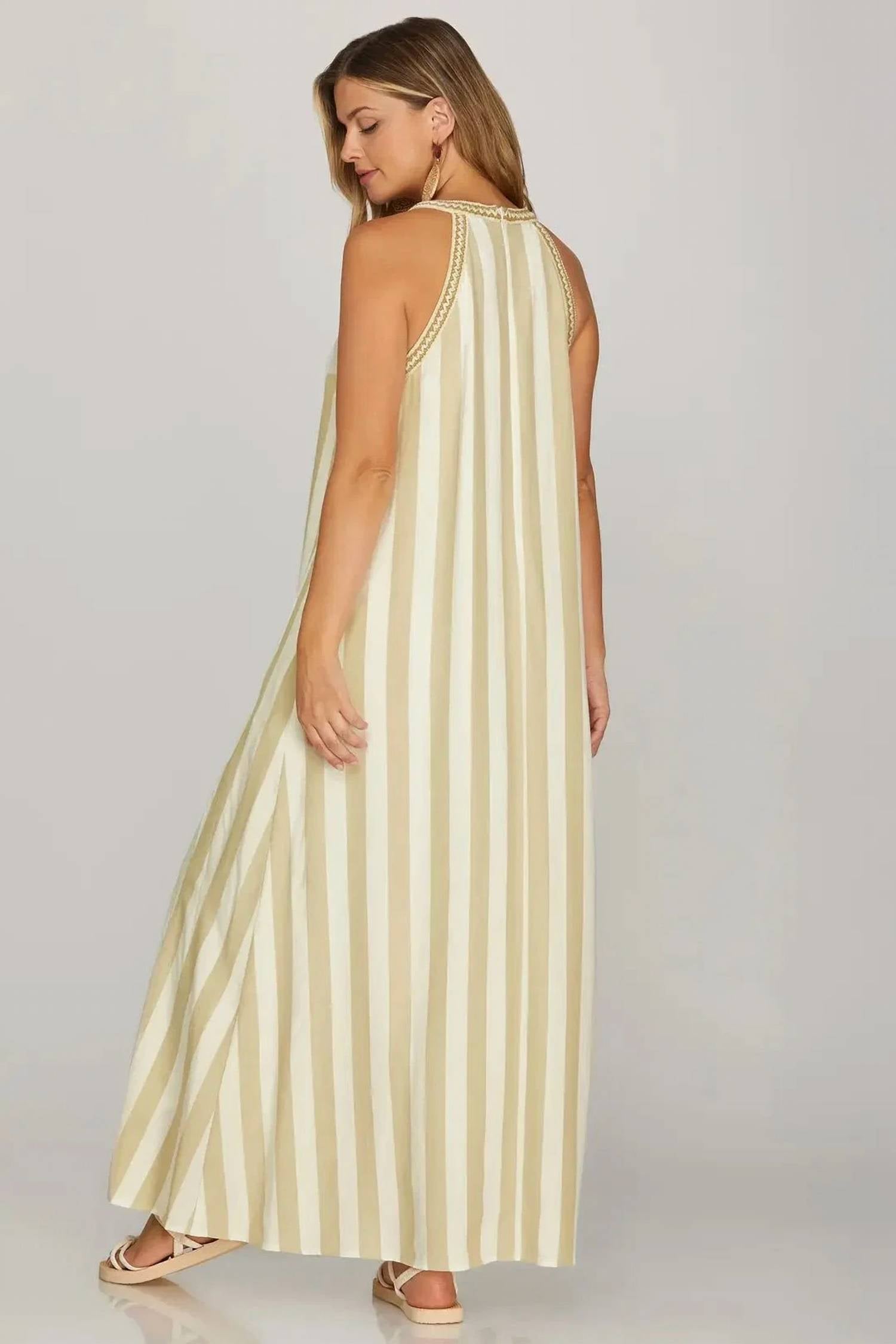She + Sky - Striped Halter Neck A-line Maxi Dress