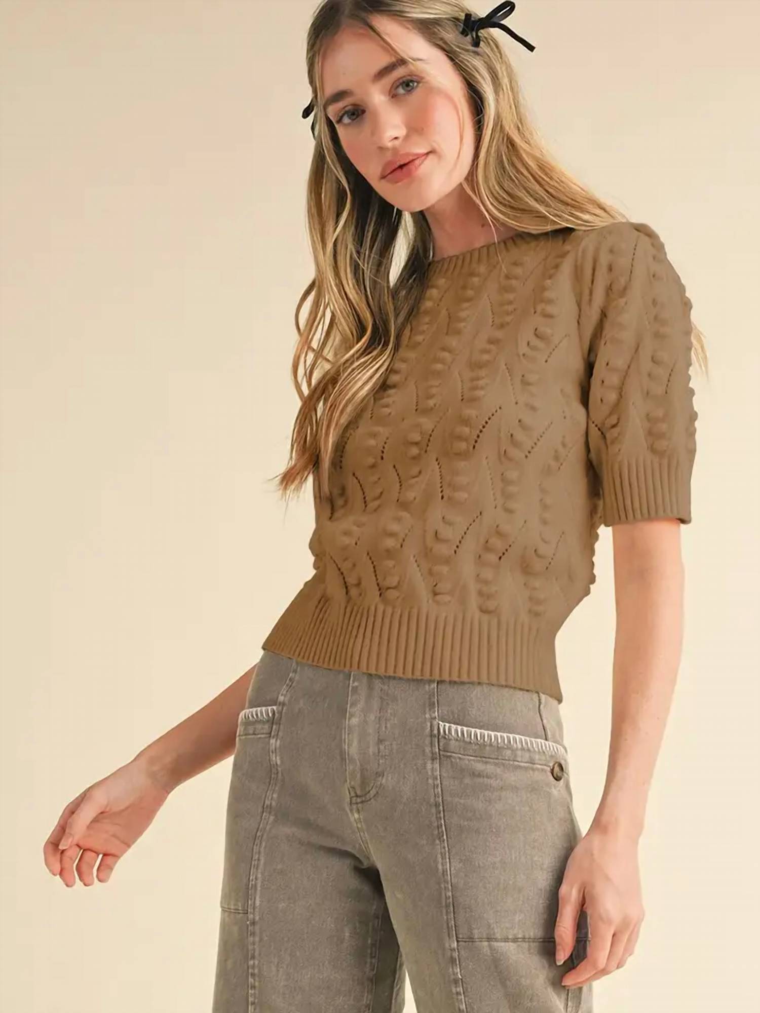 &Merci - Popcorn Knit Pointelle Short Sleeve Sweater