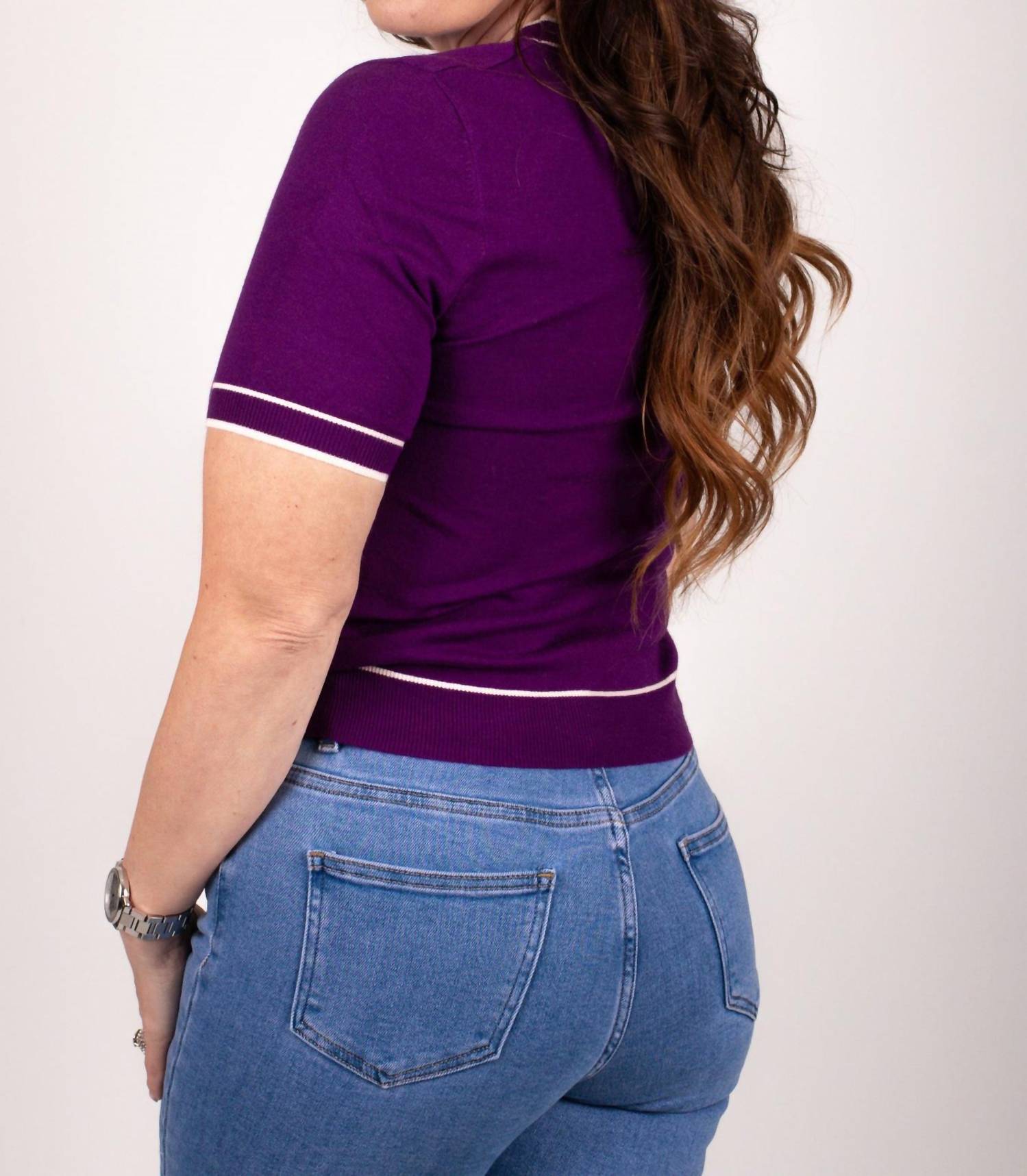 Q2 Regal Essence Short Sleeve Sweater in purple - women's sweater - detail view