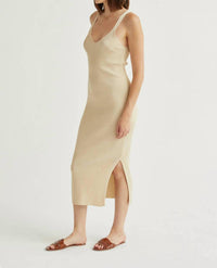CRESCENT Monnie Ribbed Shimmer Sweater Knit Midi Dress in midsummer gold - women's dress - detail view