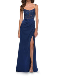 La Femme - Satin With Sheer Illusion Lace Beaded Bodice Gown