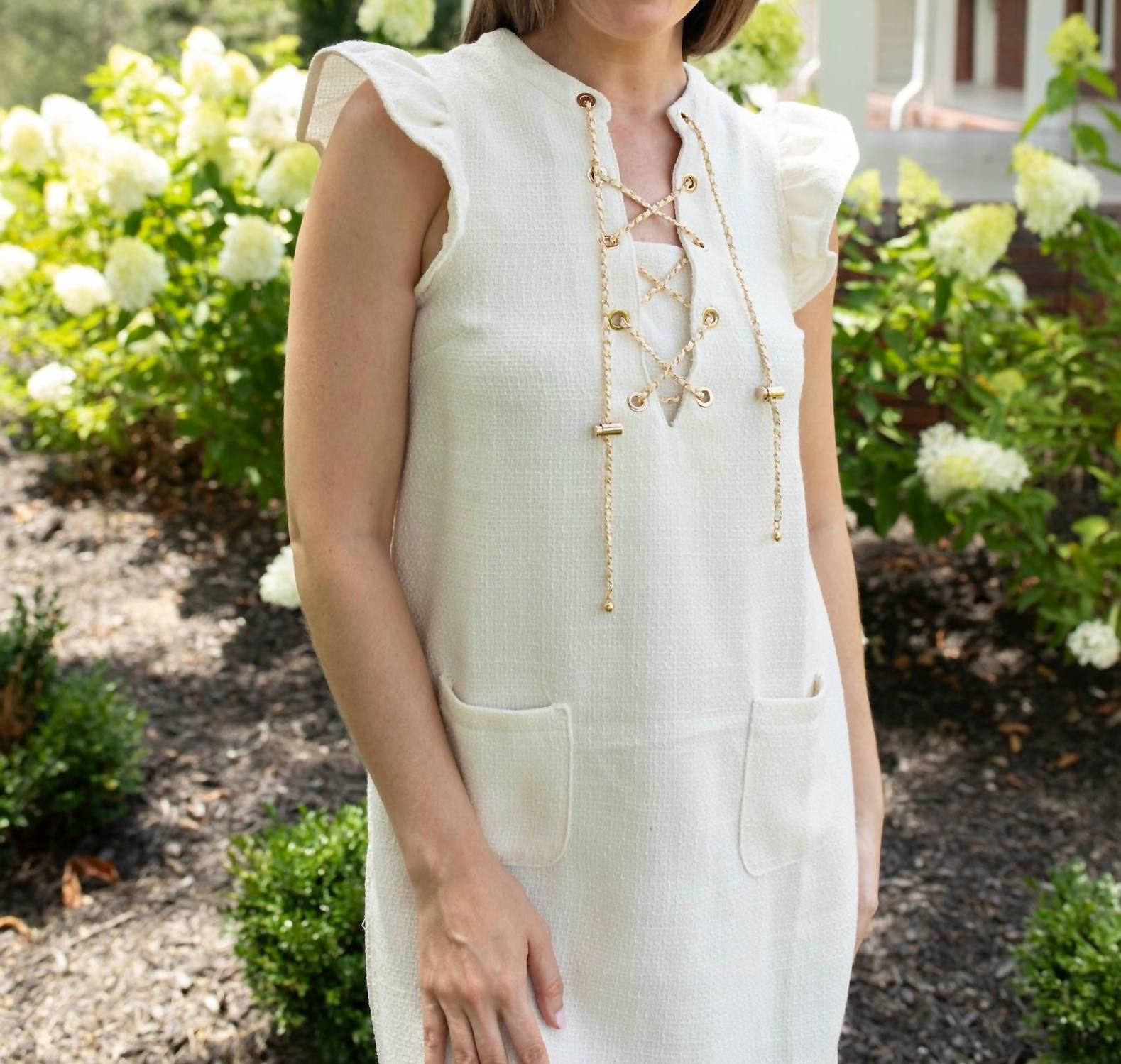 voy Golden Chain Tweed Dress in white - women's dress - alternate view