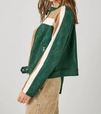 mystree Colorblock Faux Suede Racer Jacket in green mix - women's jacket - detail view