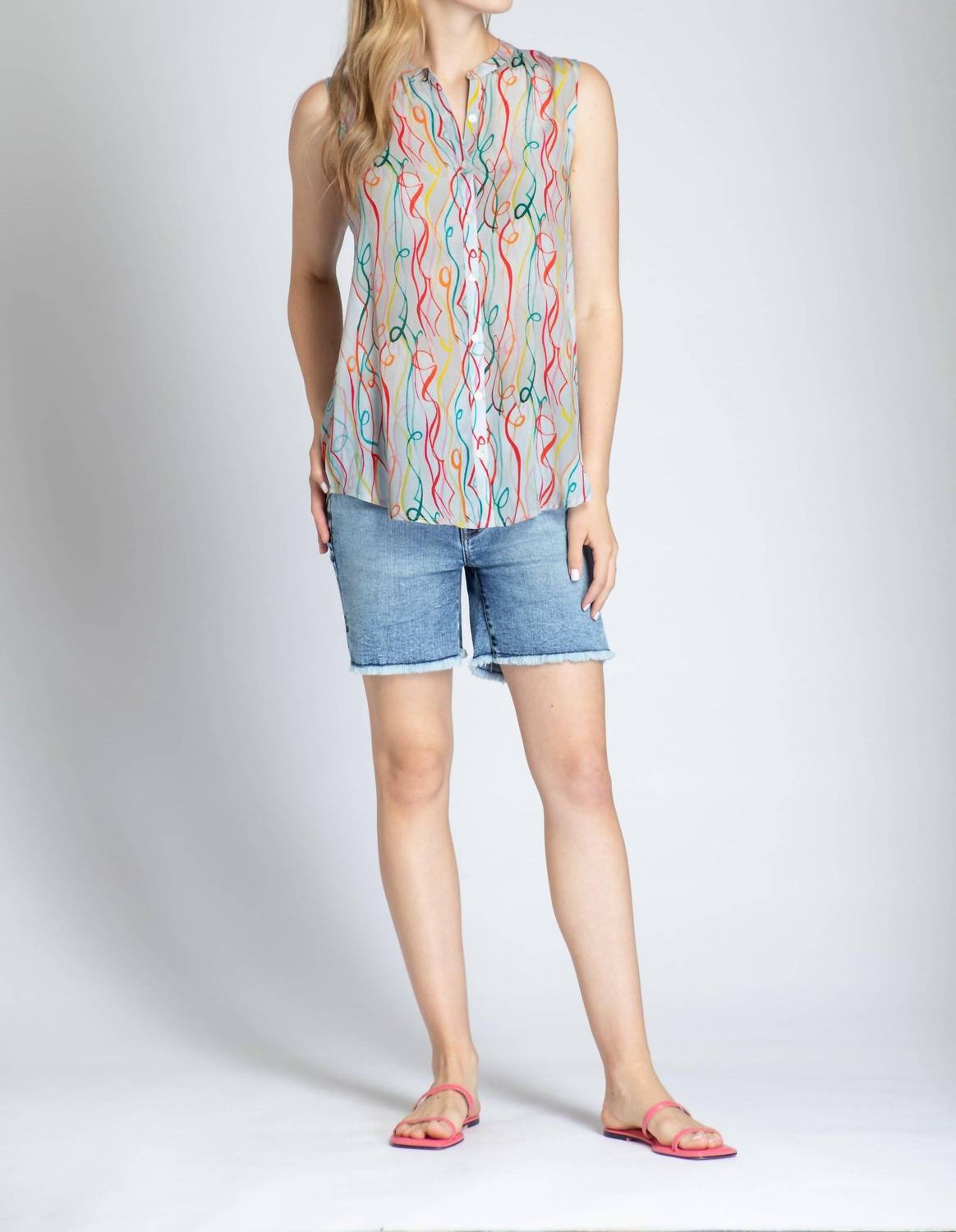 Apny - Print Chiffon Button-up Sleeveless Top