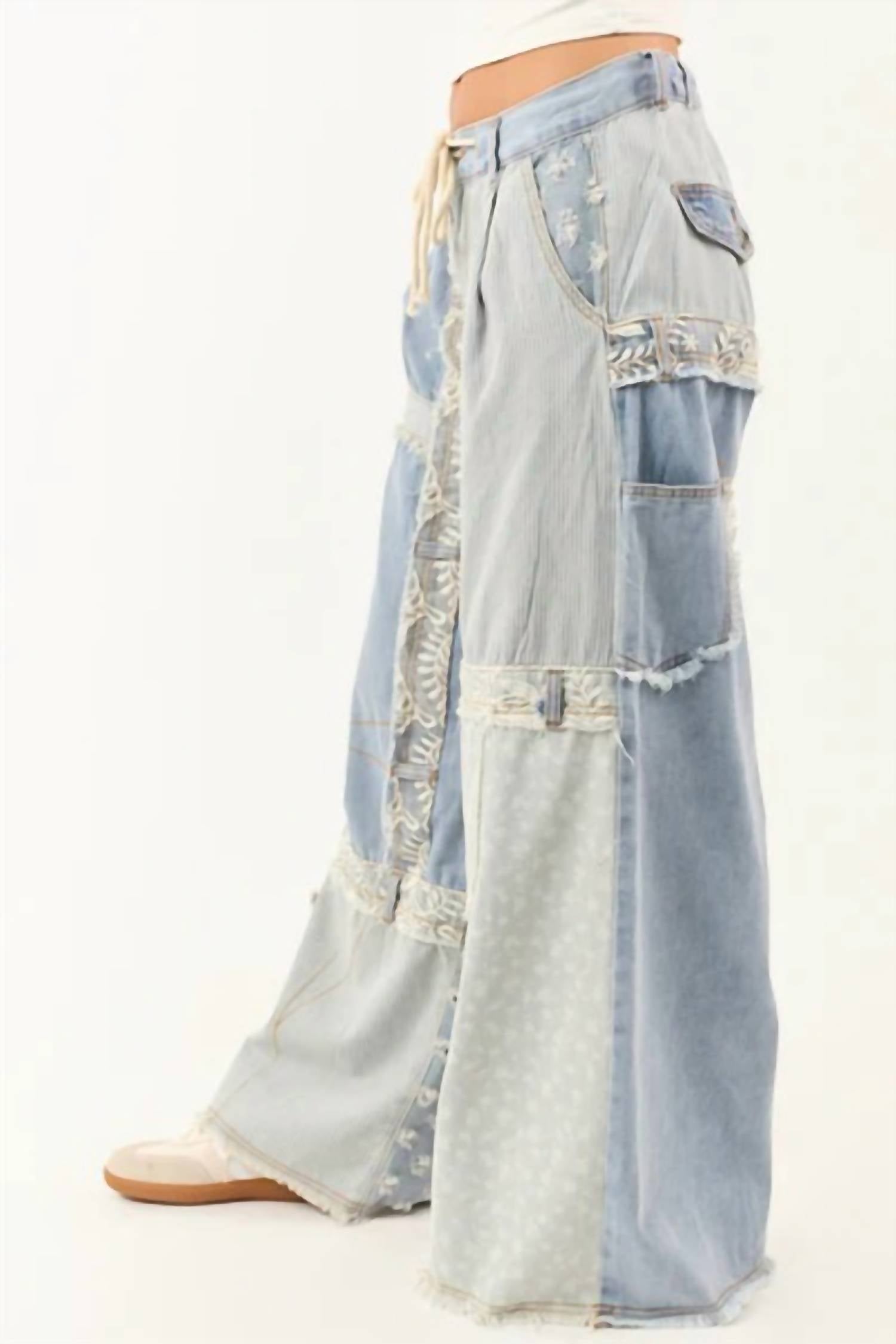 Pol - Patchwork Raw Edge Lace Accent Wide Leg Pants