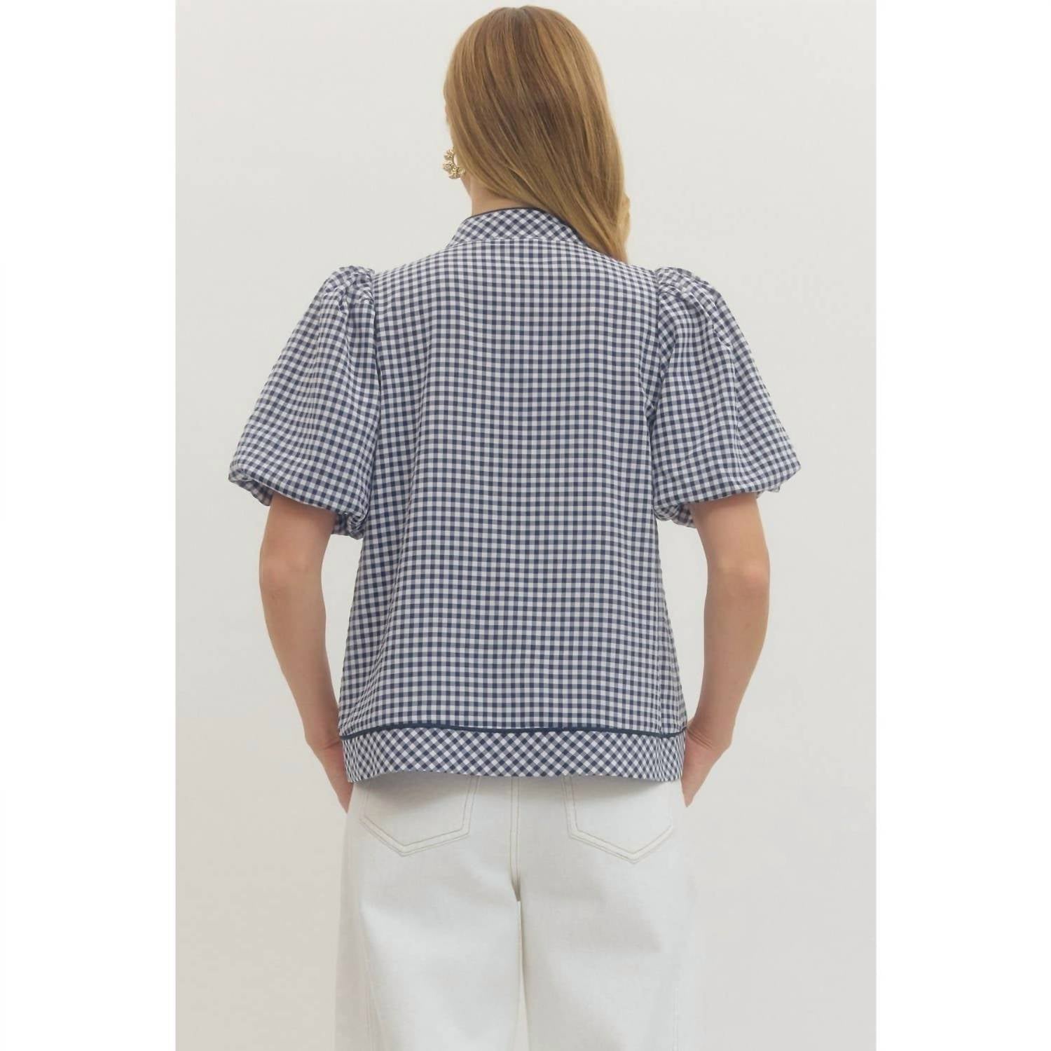 Style Usa - Cambridge Gingham Puff Sleeve Blouse