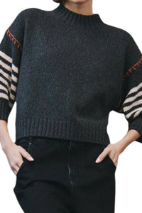 Autumn Cashmere Chunky Crewneck Sweater With Wide Sleeve in charcoal combo - women's sweater - detail view
