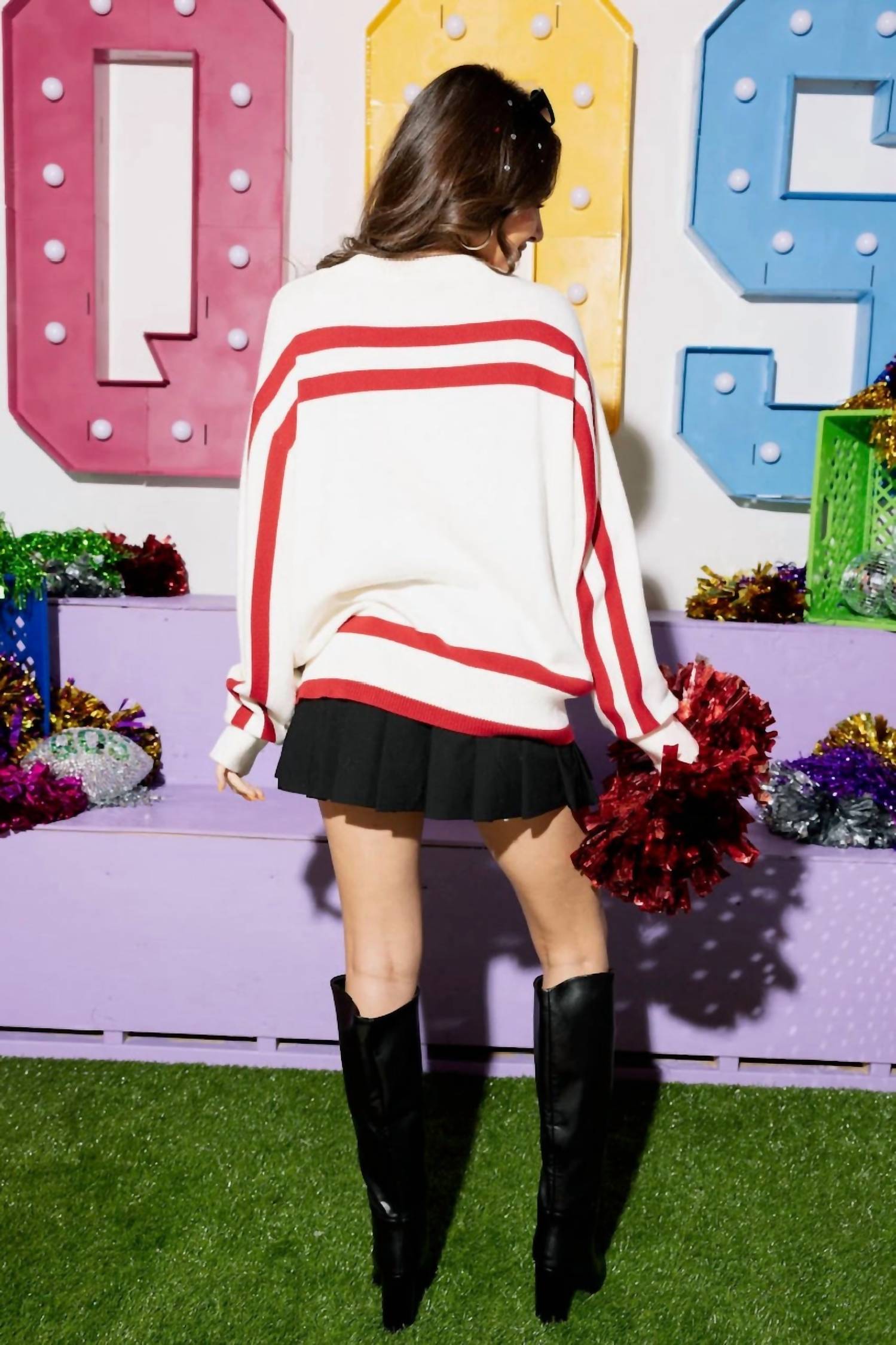 QUEEN OF SPARKLES Bama Stripe Long Sleeve Sweater in white crimson - women's sweater - view 7