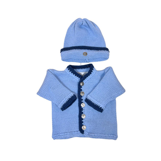 Gita - Boy's 2pc Light Blue Cotton Sweater With Navy Trim & Hat