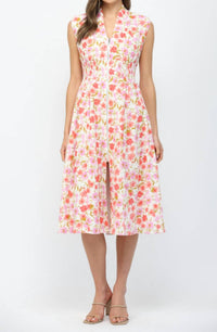 Fate - Women's Floral Print Jacquard Front Zip Closure Midi Dress
