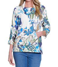 Multiples - Drawstring Cowl Neck Print Top