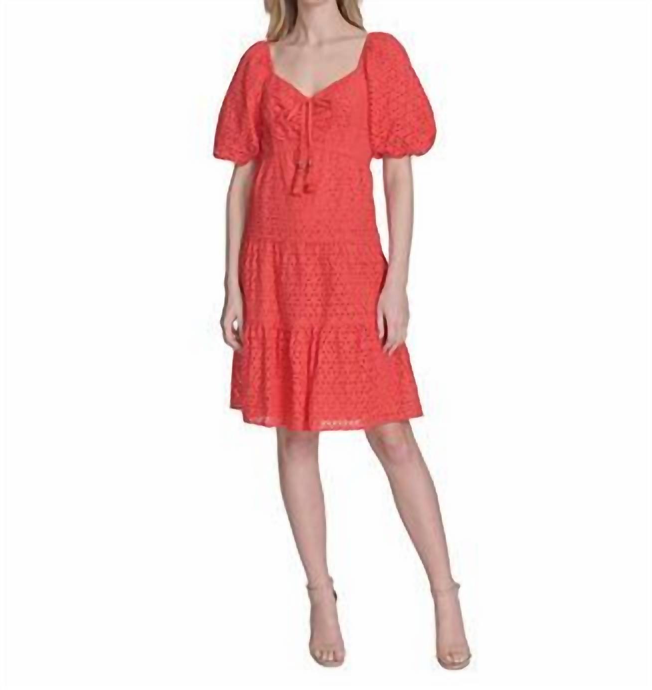 VINCE CAMUTO Women's V Neck Short Puff Sleeve Dress in med orange - women's dress