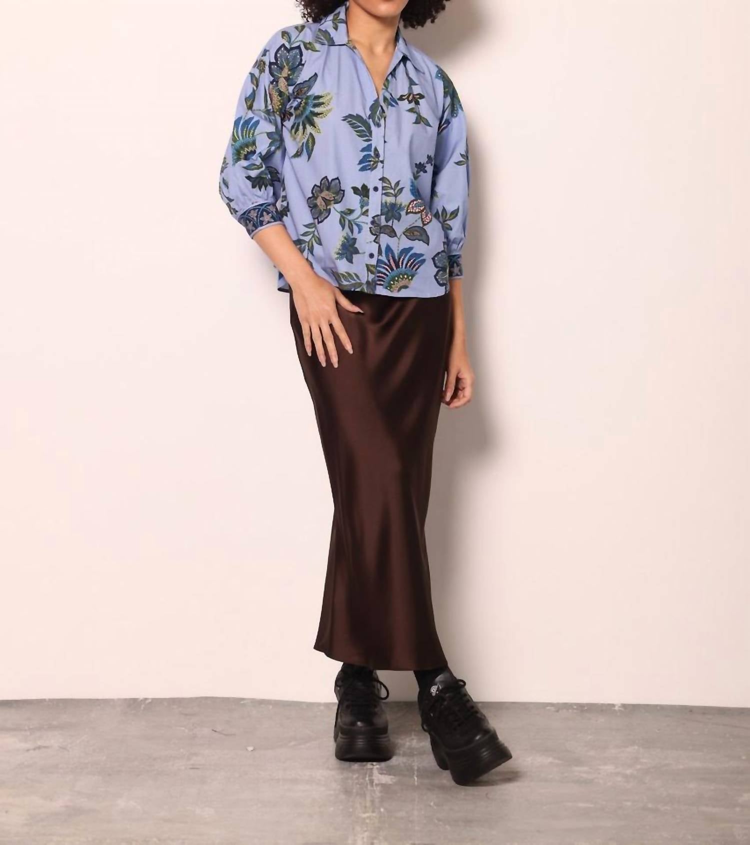 maude vivante Elsa Button Down Blouse in periwinkle mosaic - women's blouse