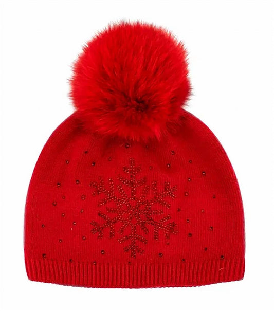 HT0088 - Crystal Snowflake Knit Hat W/ Fox Pom