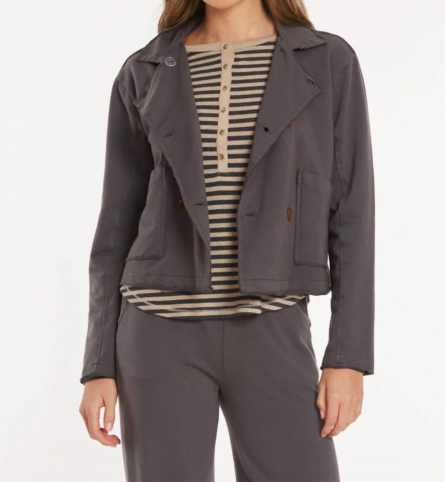 mododoc Double Breasted Crop Shacket in washed ebony - women's jacket