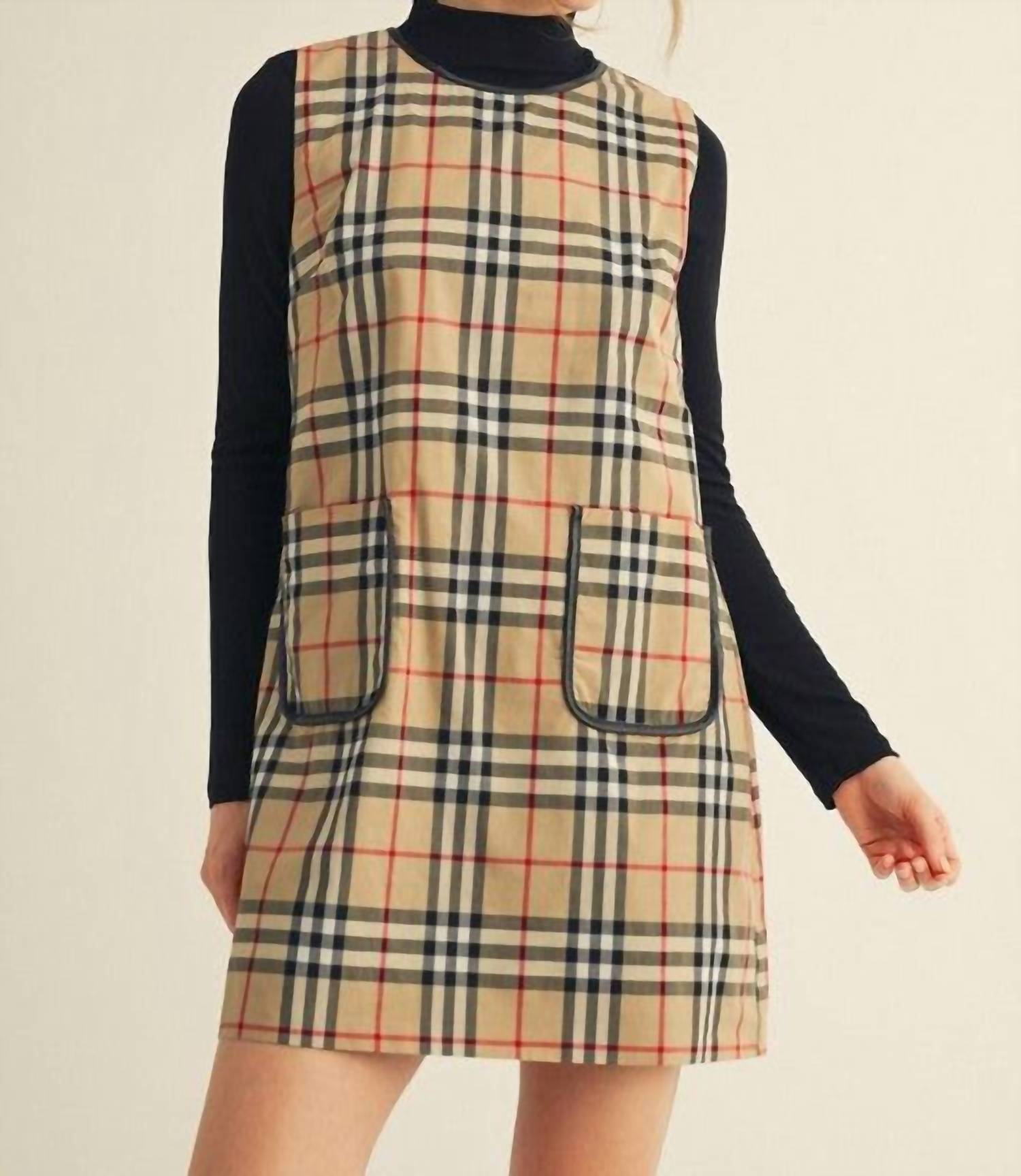 Jodifl Plaid Pocket Sleeveless Dress in black khaki red plaid - women's dress