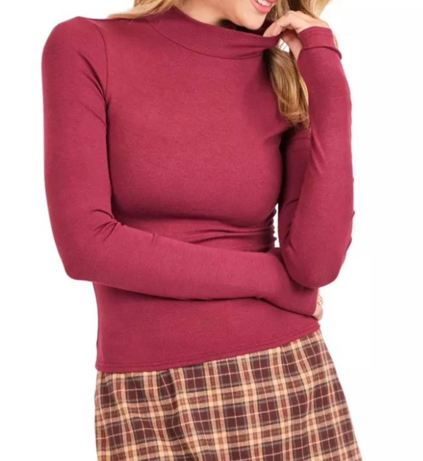 Sadie & Sage Roman mock neck Top in burgandy - women's long sleeve top
