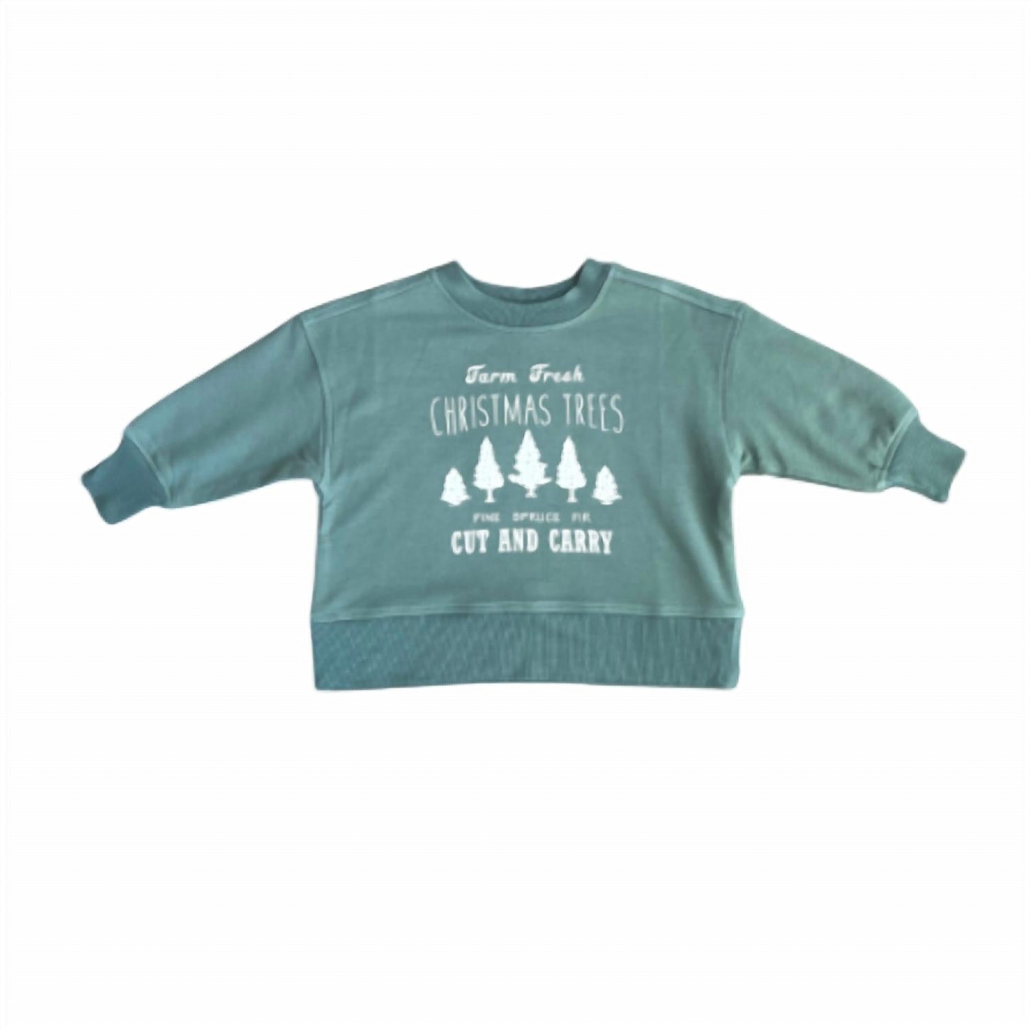 babysprouts Kid's Farm Fresh Christmas Trees Boxy Sweatshirt in green - kids' shirt