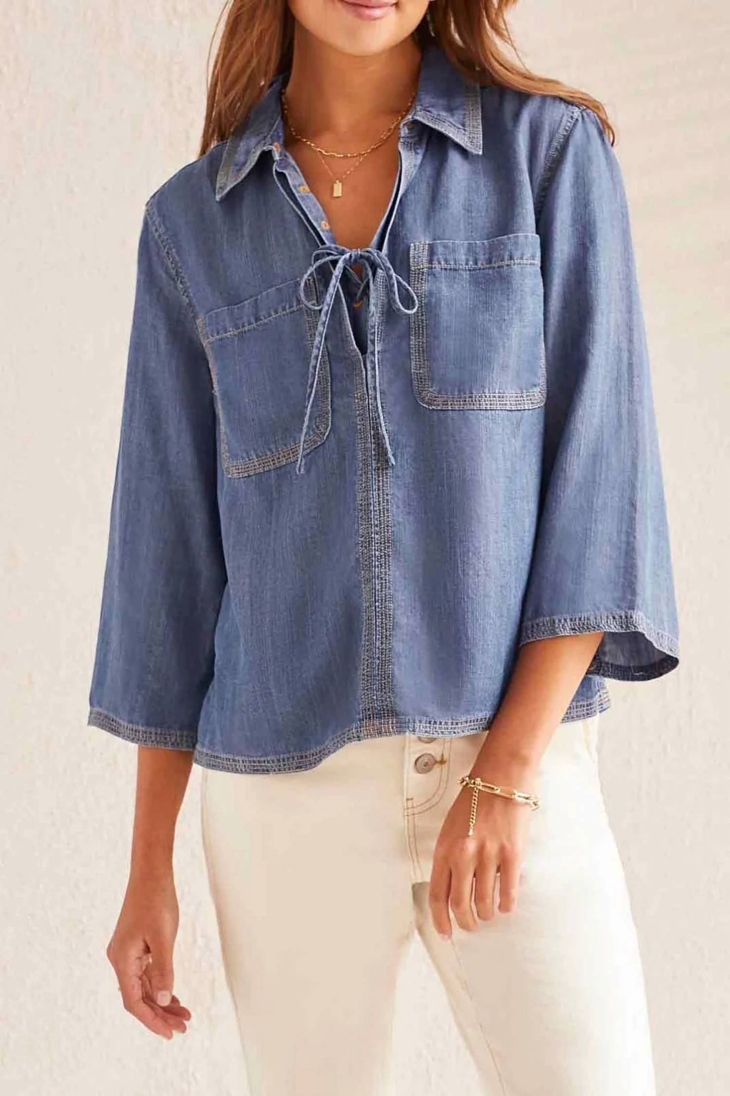 Tribal - Elbow Sleeve Blouse With Lace Up Front