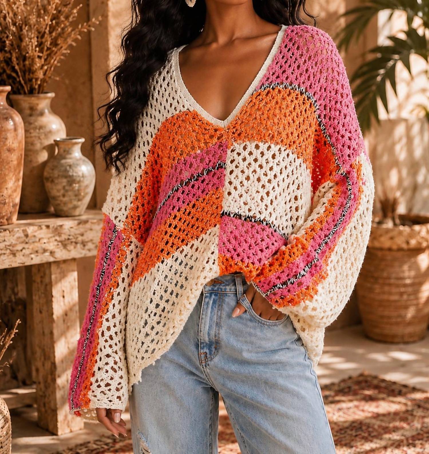 Little Secret Of Mine - Long Sleeve V-neck Colorblock Knit Sweater