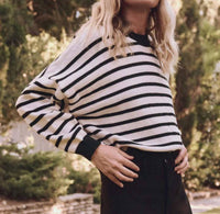 THE GREAT. Women's The Roll Neck Pullover Top in black and cream stripe - women's sweater - alternate view