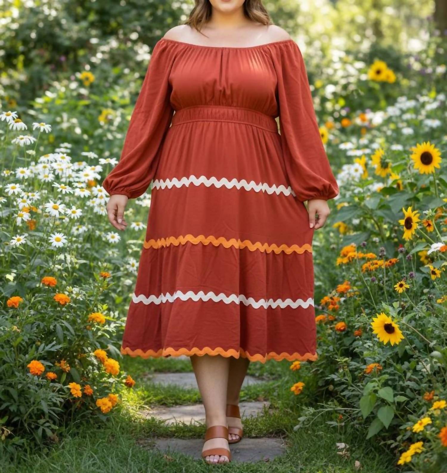She + Sky - Women's Long Sleeve Woven Tiered Ric Rac Trim Dress - Plus