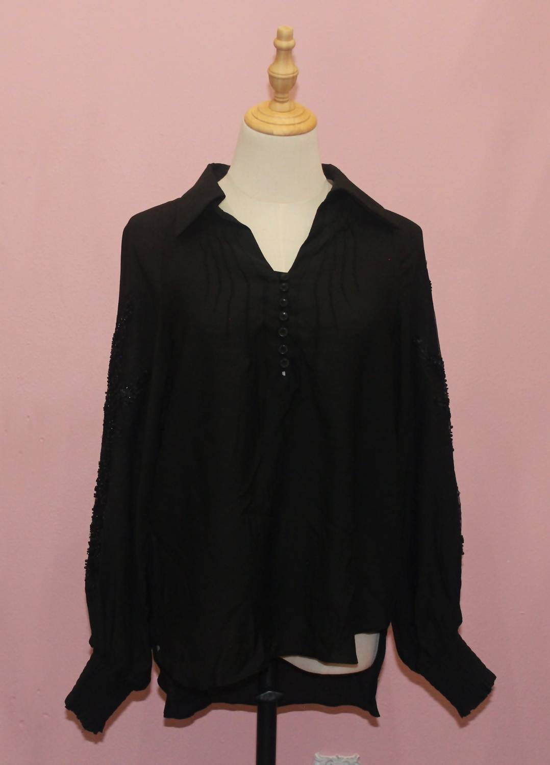 INA Women's Long Balloon Sleeve Jewel Embroidery Blouse Top in black - women's blouse