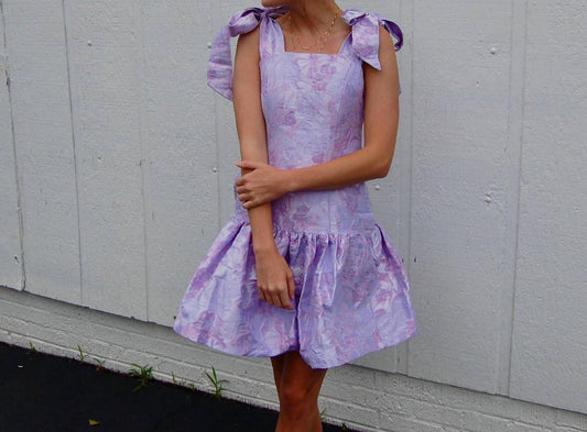 Before You - Kelly Dropped Waist Mini Dress With Floral Pattern & Metallic Sheen