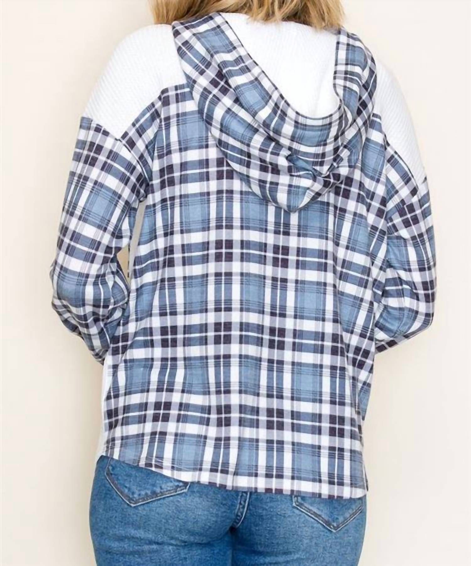 Staccato - Waffle Knit Plaid Contrasted Button Up Hooded Top