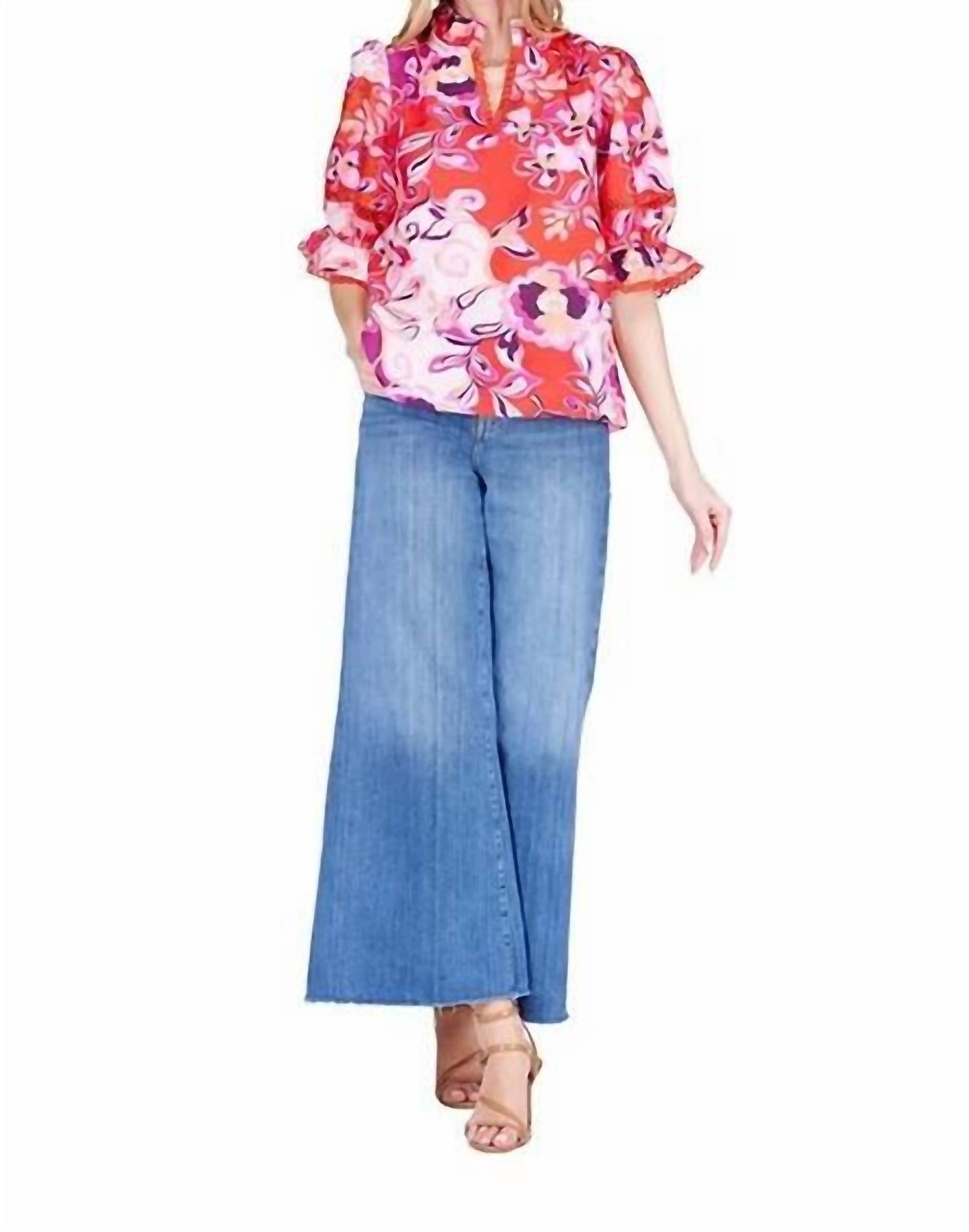 Joy Joy Trimmed split neck top in crimson jubilee - women's blouse