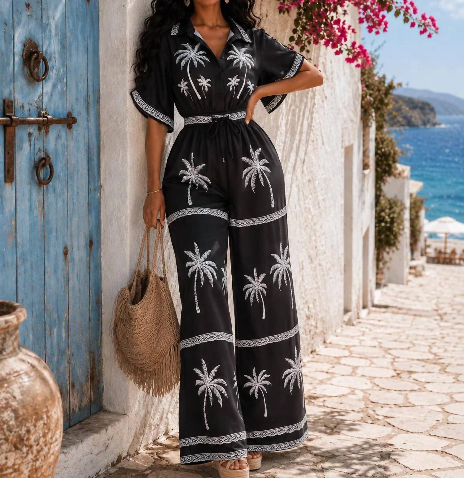Little Secret Of Mine - Palm Print Wide Leg Jumpsuit
